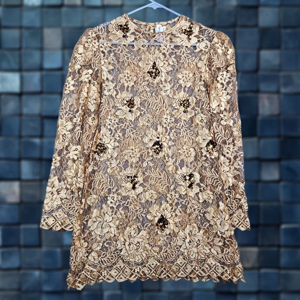 Vintage Annemarie Gardin Blouse Mock Neck Lace Floral Printed Gold Sz 12 Womens Regular Long Sleeve Sequin Size XL / US 12-14 / IT 48-50 - 1 Thumbnail