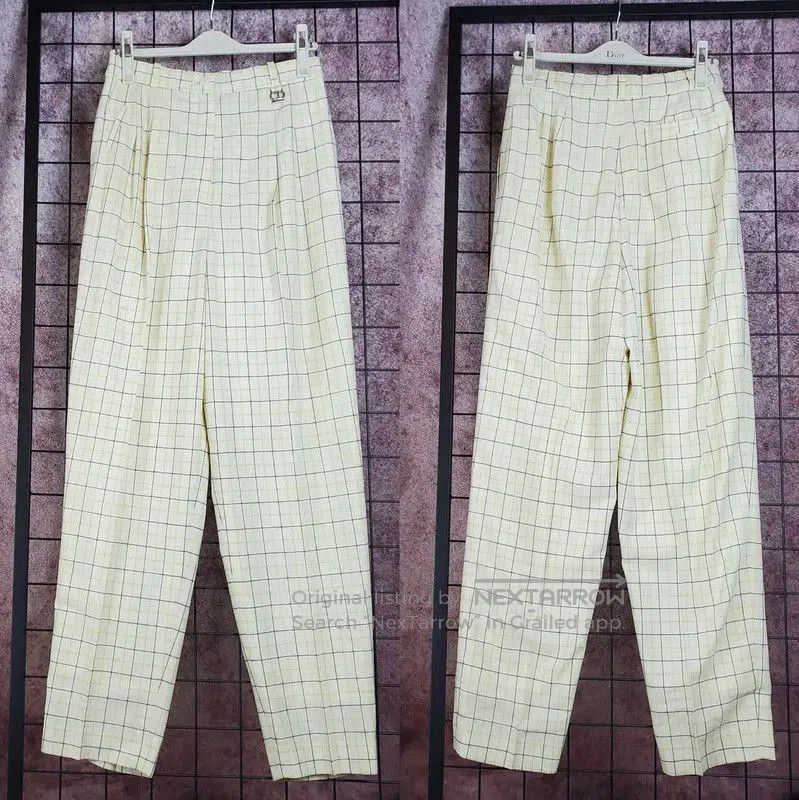 Dior Yellow Plaid Wool Women's Casual Pants .