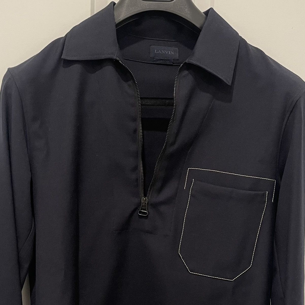 Lanvin Navy Blue Virgin Wool Half Zip Long Sleeve Polo