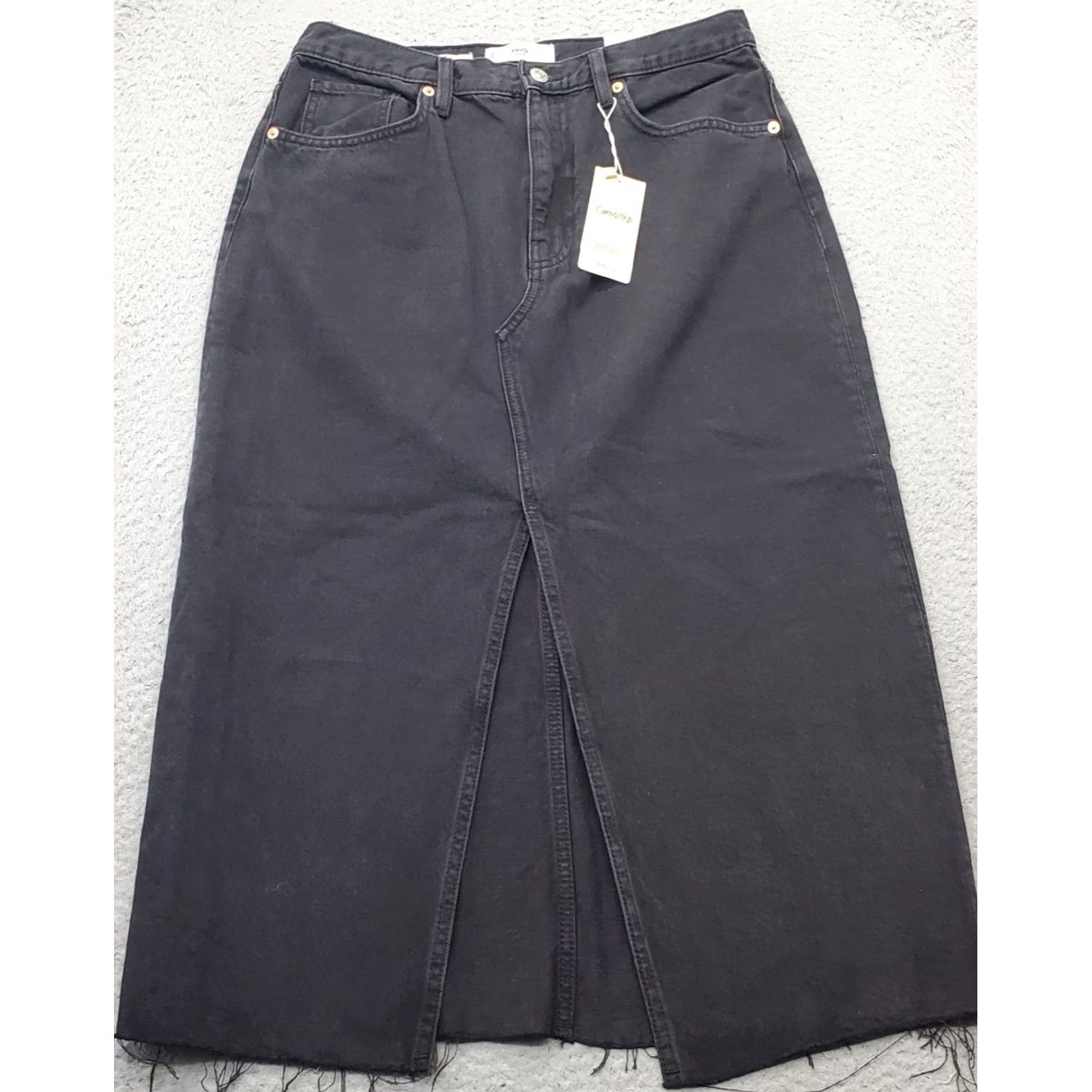 Vintage MNG Womens Skirt L Midi Black Denim Vented Front Raw Hem High Waist Pockets Zipper Button A-Line Basics Size 36" / US 14 / IT 50 - 2 Thumbnail
