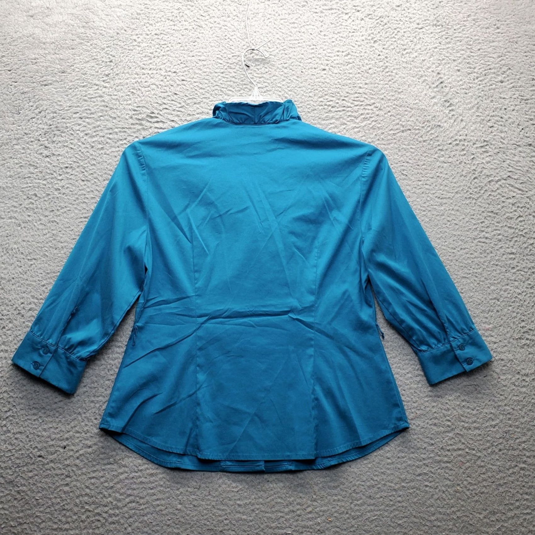 Alfani Alfani Shirt Womens Size 8P Blue Long Sleeve V-Neck Button Front Ruffle Top Front Button-Up Blouse Size M / US 6-8 / IT 42-44 - 2 Thumbnail