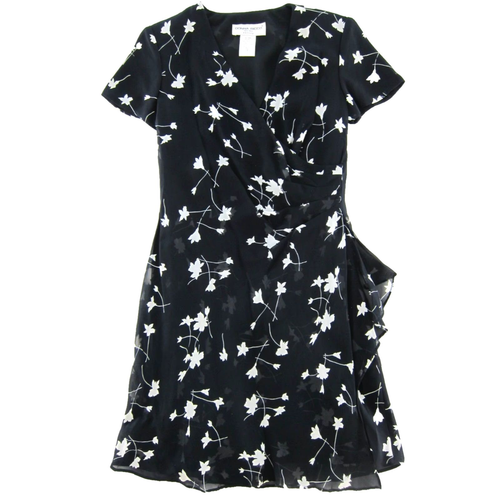 Vintage VINTAGE Donna Ricco New York Black White Floral V-Neck Short Sleeve Wrap Dress 6 Size 28" / US 6 / IT 42 - 2 Thumbnail