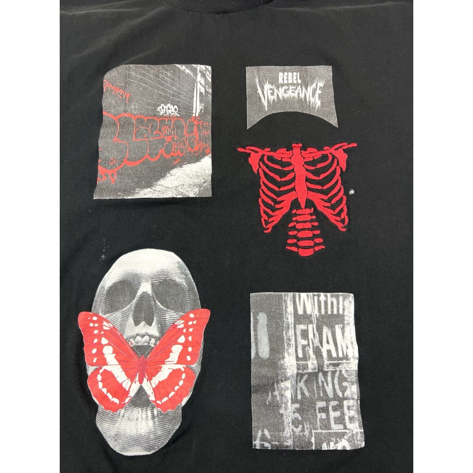 Vintage VINTAGE Rebel T-Shirt Mens 2XL Black Short Sleeve Graphic Print Butterfly Skull Graffiti Pim? Size US XXL / EU 58 / 5 - 4 Thumbnail