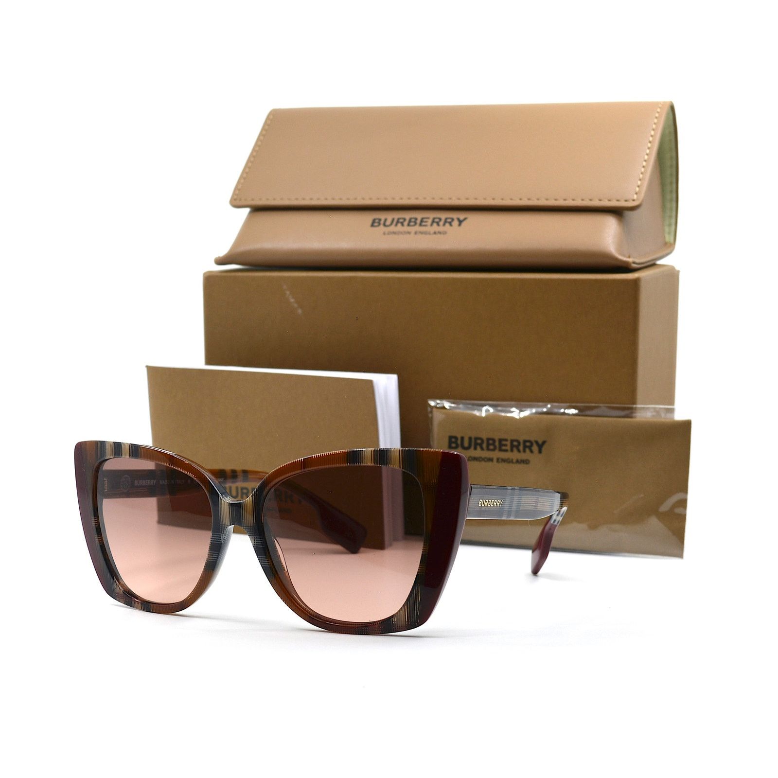 Burberry NEW BURBERRY MERYL BE4393 CHECK BROWN/BORDEAUX SUNGLASSES Size ONE SIZE - 4 Thumbnail