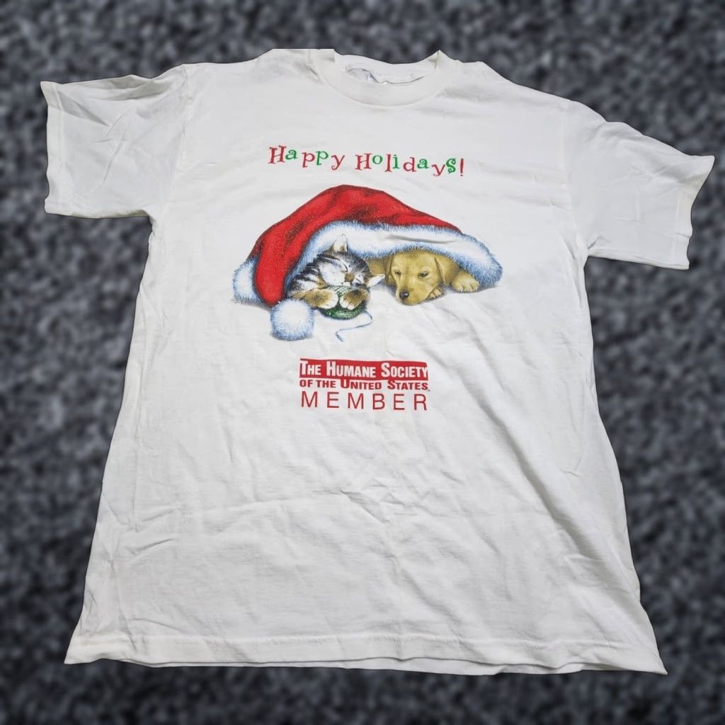 Vintage VINTAGE Mens L Humane Society Happy Holidays Kitty And Puppy Santa T Shirt Size US L / EU 52-54 / 3 - 1 Thumbnail