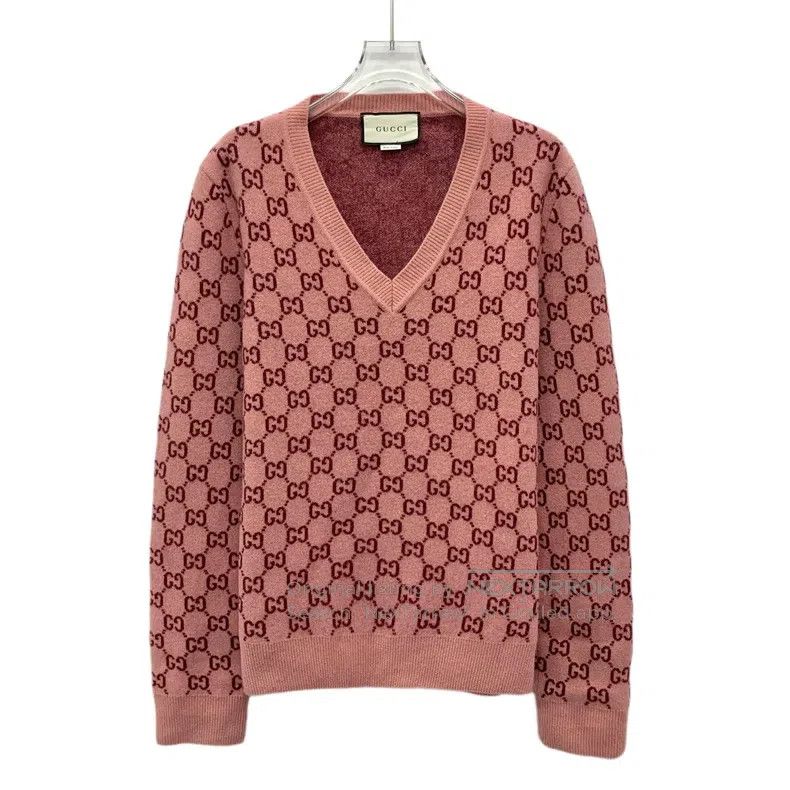 Gucci Gucci Pink logo jacquard full print wool V-neck long-sleev Size XS / US 0-2 / IT 36-38 - 1 Thumbnail