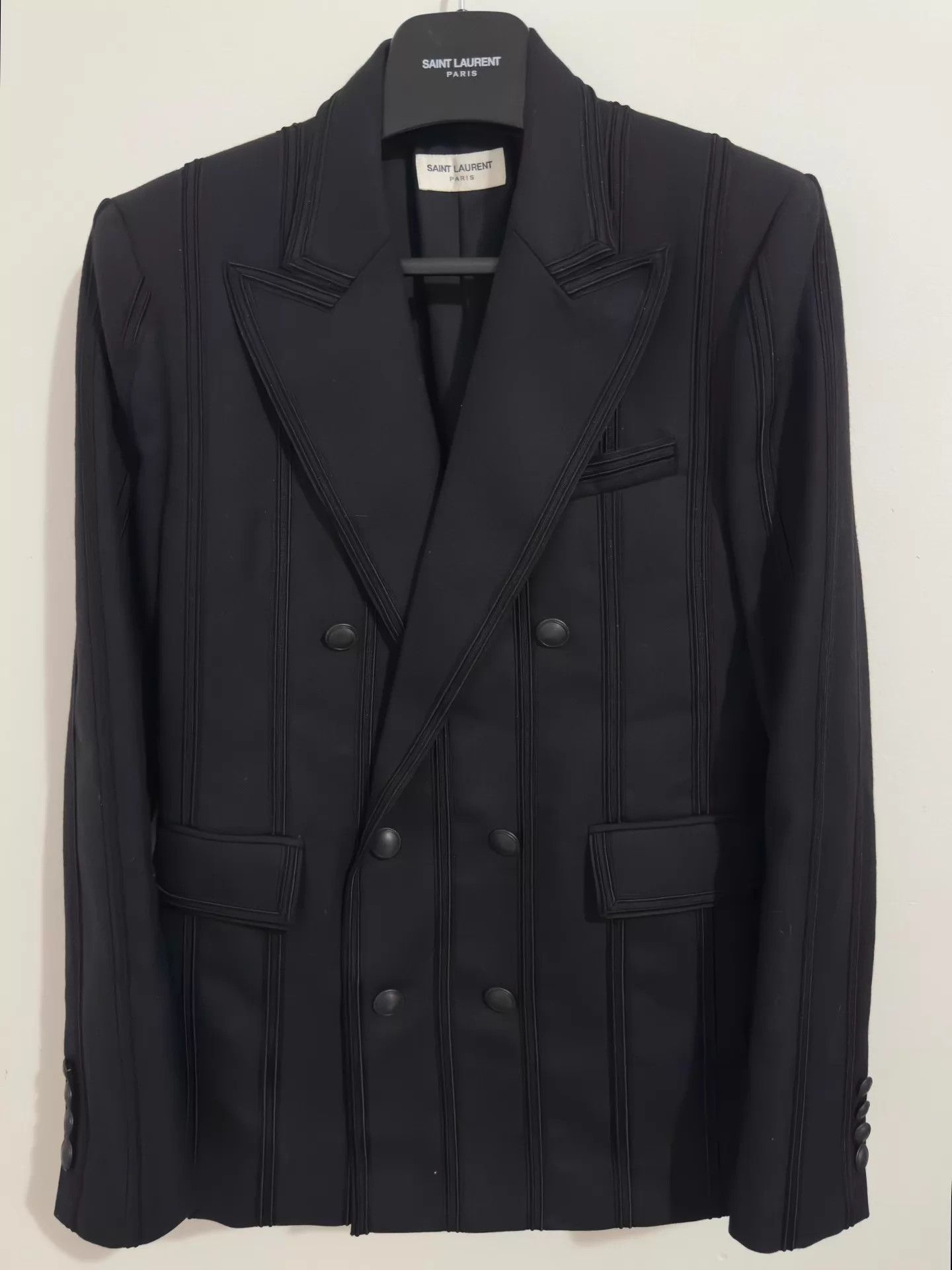 Saint Laurent Paris SLP 19SS Black Striped Double-Breasted Peak Lapel Suit Size 46R - 1 Thumbnail