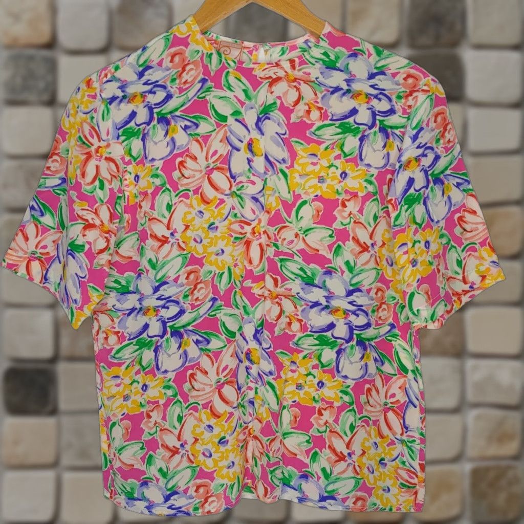 Pinko VINTAGE Amanda Fielding Silk Blouse Short Sleeve Womens Size 10 Pink Floral Size L / US 10 / IT 46 - 1 Thumbnail