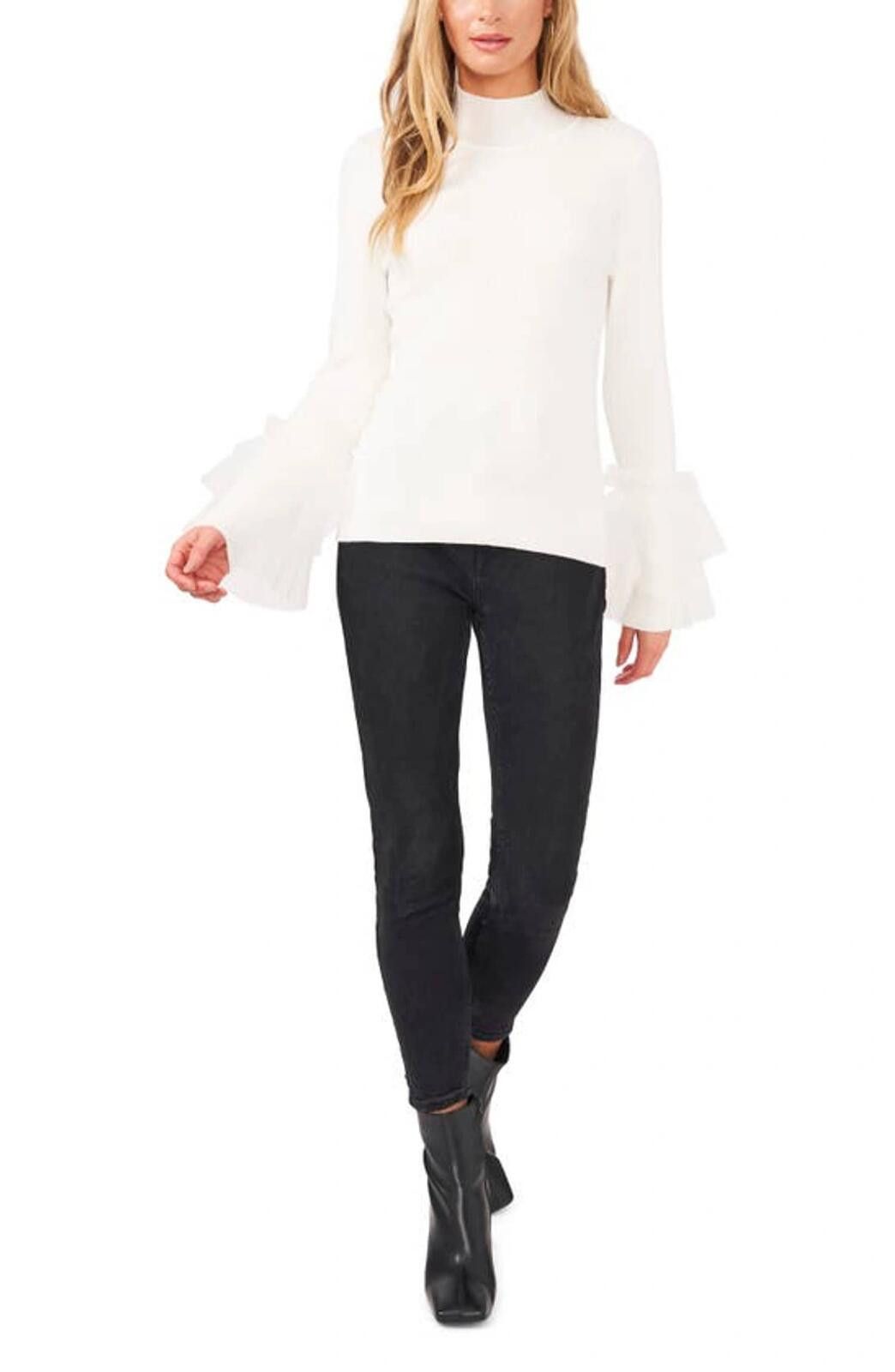Vince Camuto Vince Camuto White Tulle & Ruffle Mock Neck Sweater Size M / US 6-8 / IT 42-44 - 3 Thumbnail