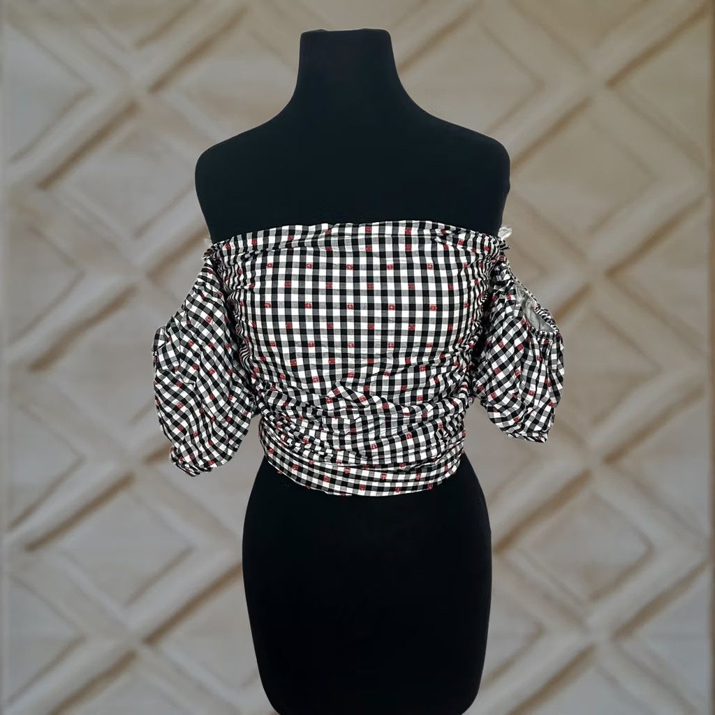 Vintage Dolan Gingham Off Shoulder Crop Top Tie Front Blouse Black Accent Size S Womens Blouse Cropped Short Puff Sleeve Checkered Top DPZ Size S / US 4 / IT 40 - 1 Thumbnail