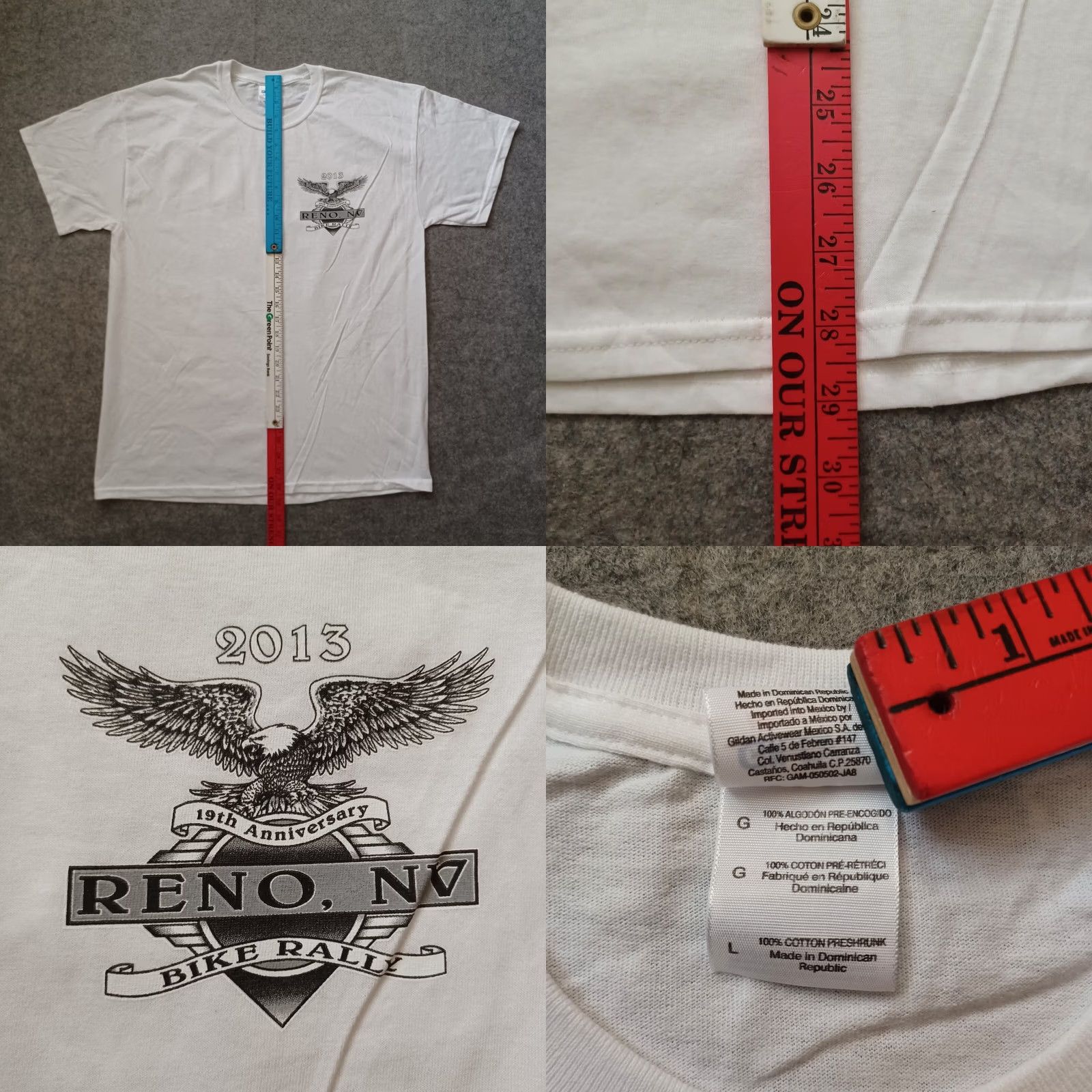 Gildan Reno NV Bike Rally Mens Shirt L White 19th Anniversary Double Side Graphic 2013 Size US L / EU 52-54 / 3 - 8 Thumbnail