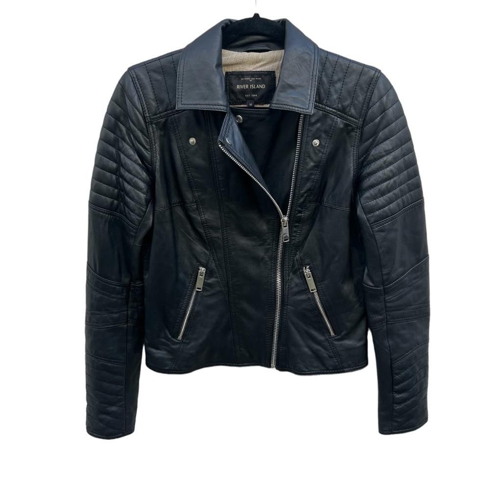 River Island River Island 100% Leather Moto/Biker Jacket Black Size S Size L / US 10 / IT 46 - 1 Thumbnail
