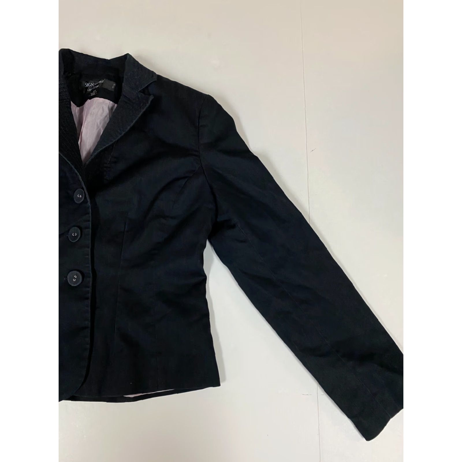 Vintage Signature by Larry Levine Womens Blazer 2P Petite Blue Notch Lapel Single-Breasted Wool Blend Tuxedo Lightweight Fall Winter Size XS / US 0-2 / IT 36-38 - 2 Thumbnail
