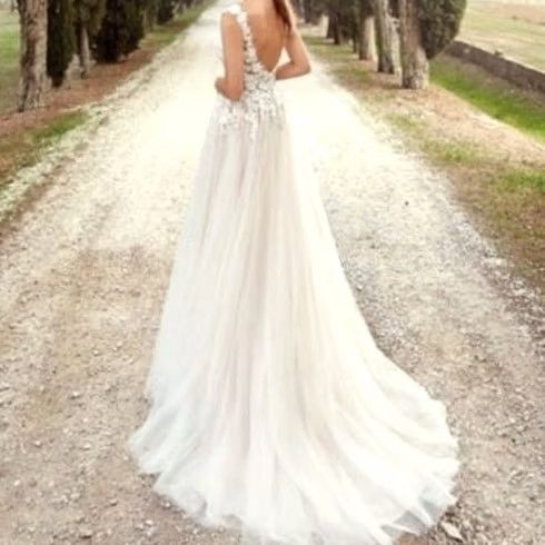 Vintage Eddy K. A-Line Lace Beaded Wedding Dress Gown Champagne Small 2 Size ONE SIZE - 2 Thumbnail