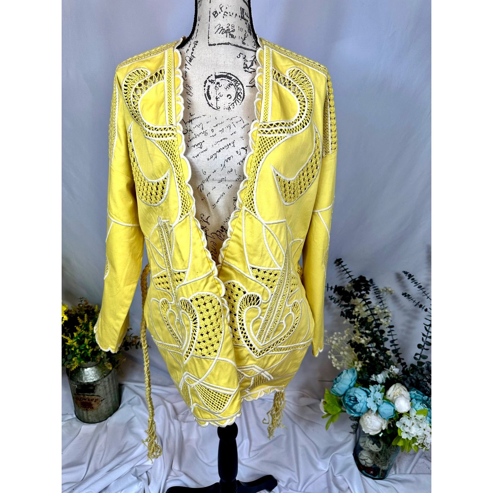 Maje Maje Crochet-Panel Cotton Jacket Belt Yellow size 40 (L) Size L / US 10 / IT 46 - 8 Thumbnail