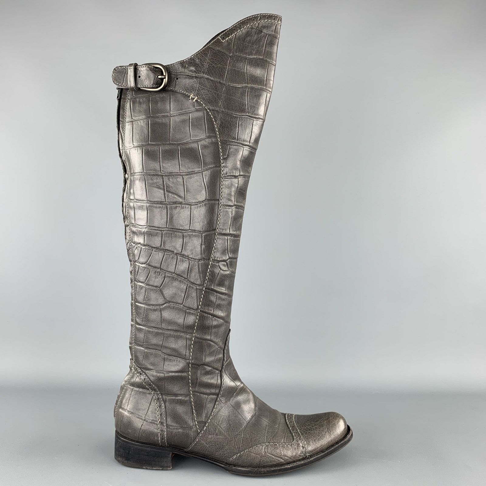 HENRY BEGUELIN Grey Crocodile Embossed Leather Knee High Boots Size US 8.5 / IT 38.5 - 1 Thumbnail