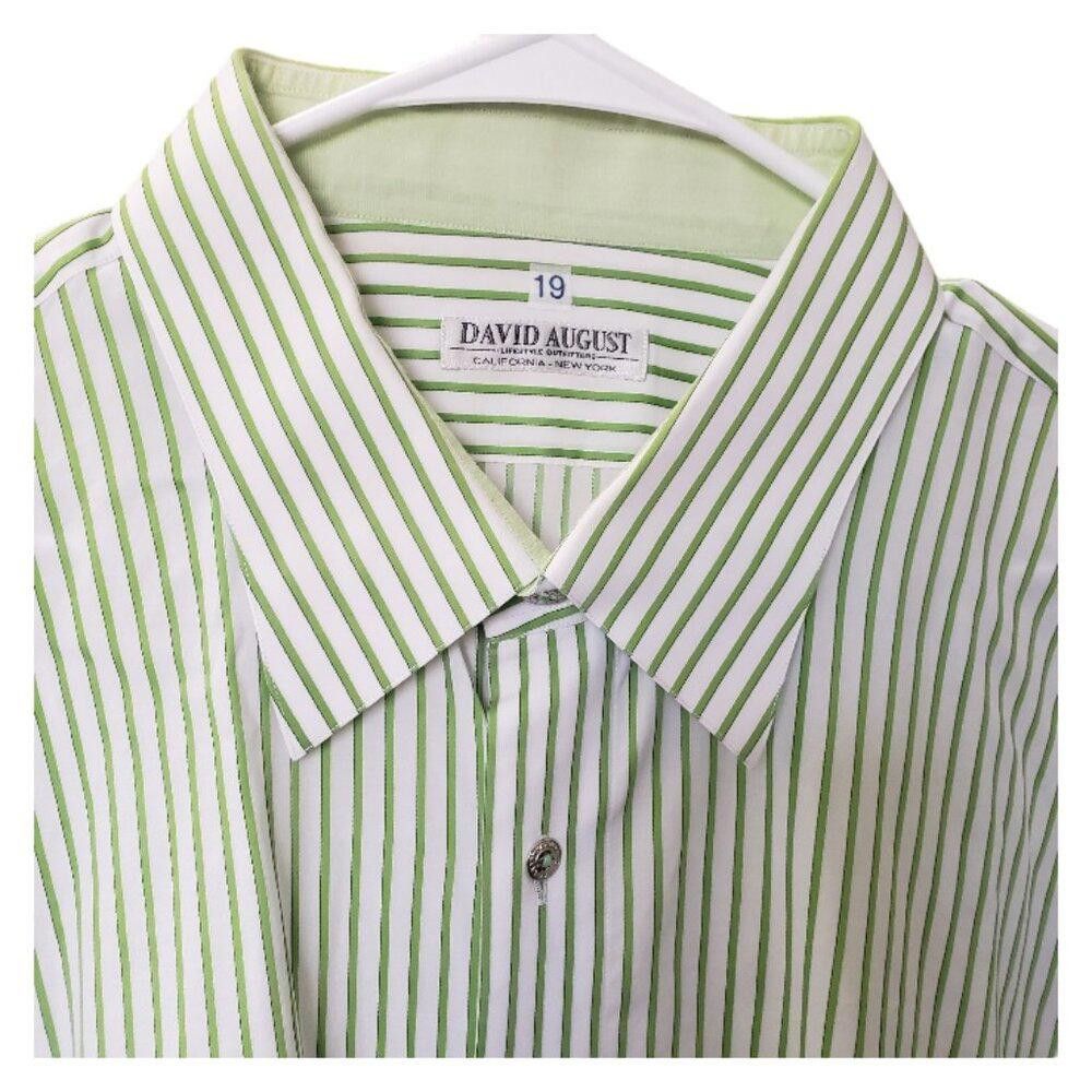 Designer CT1546 David August Green & White Striped Dress Shirt 19 Size 38R - 3 Thumbnail