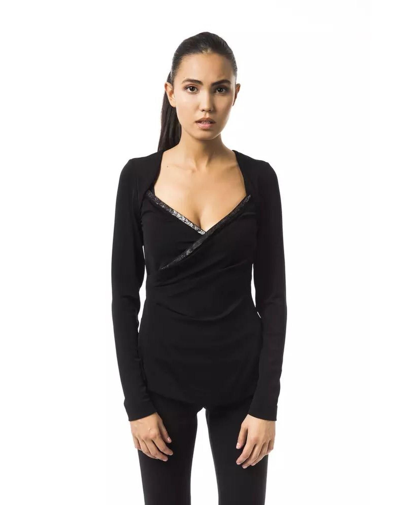 image of Byblos Long Sleeve Open Collar T-Shirt in Black, Women's (Size XS)