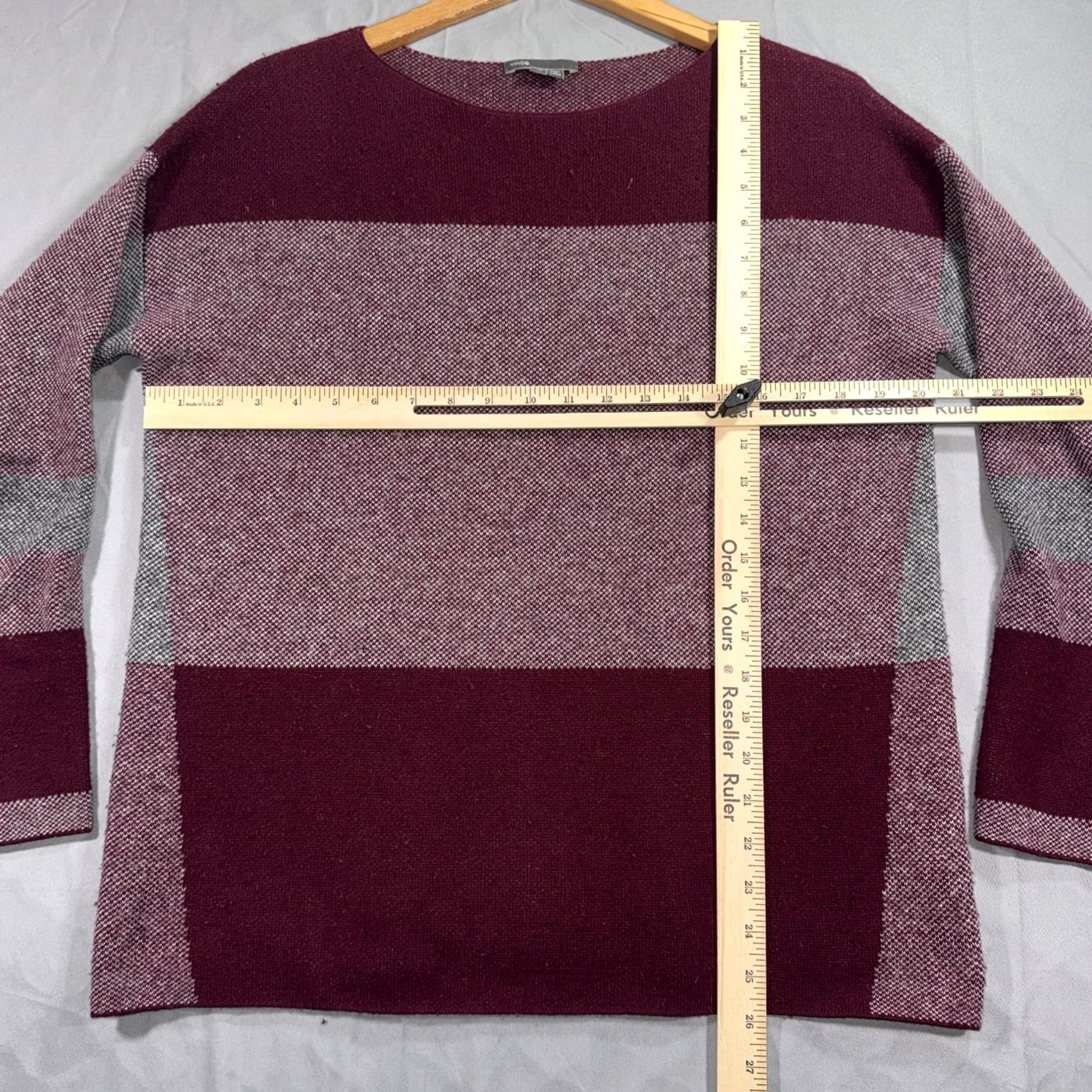 Vince Vince Womens XS Petite Burgundy Gray Wool Cashmere Colorblock Pullover Sweater Pullover Knit Crew Neck Long Sleeve Multicolor Striped Size XS / US 0-2 / IT 36-38 - 7 Thumbnail