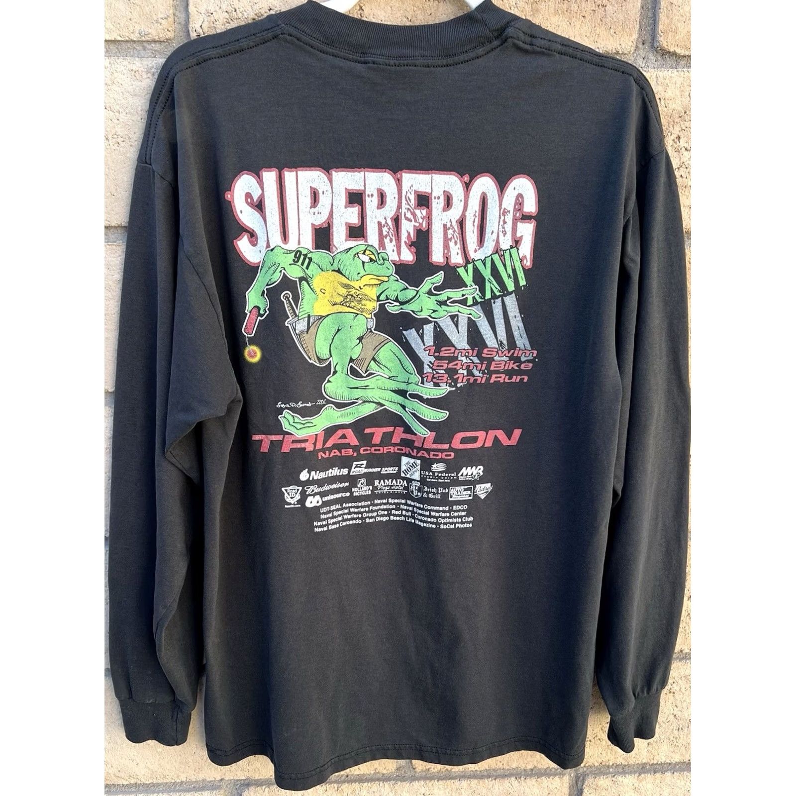 Jerzees VINTAGE Superfrog XVII Triathlon Shirt Mens Large Black 2004 Jerzees Distressed Long Sleeve Graphic Tee Size US L / EU 52-54 / 3 - 6 Thumbnail