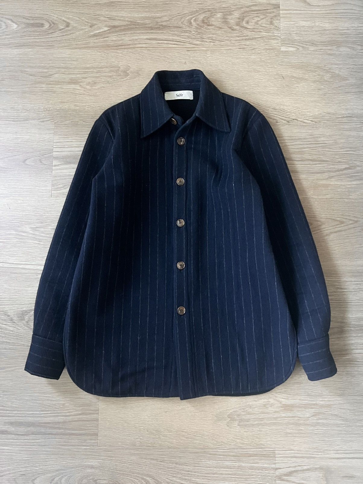 Sefr Mats Wool Overshirt in Navy Pinstripe Size Medium Size US M / EU 48-50 / 2 - 2 Thumbnail