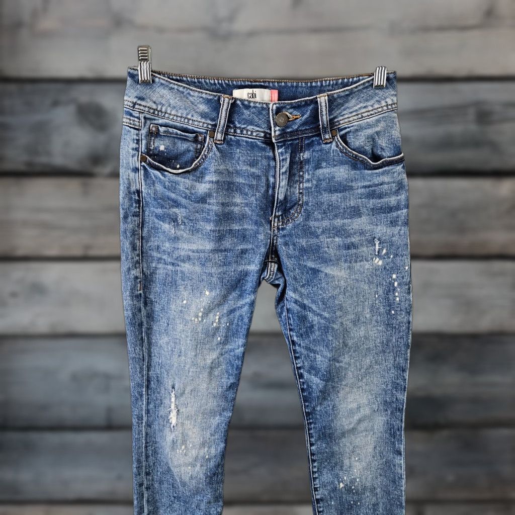 Vintage Cabi Womens Cinch Skinny Jeans Sz 6 Blue Bleach Splatter Mid Rise Denim Jeans Women Size 6 Skinny Rise 9.5 Inseam 29.5 Inseam 29.5 Womens Size 28" / US 6 / IT 42 - 1 Thumbnail