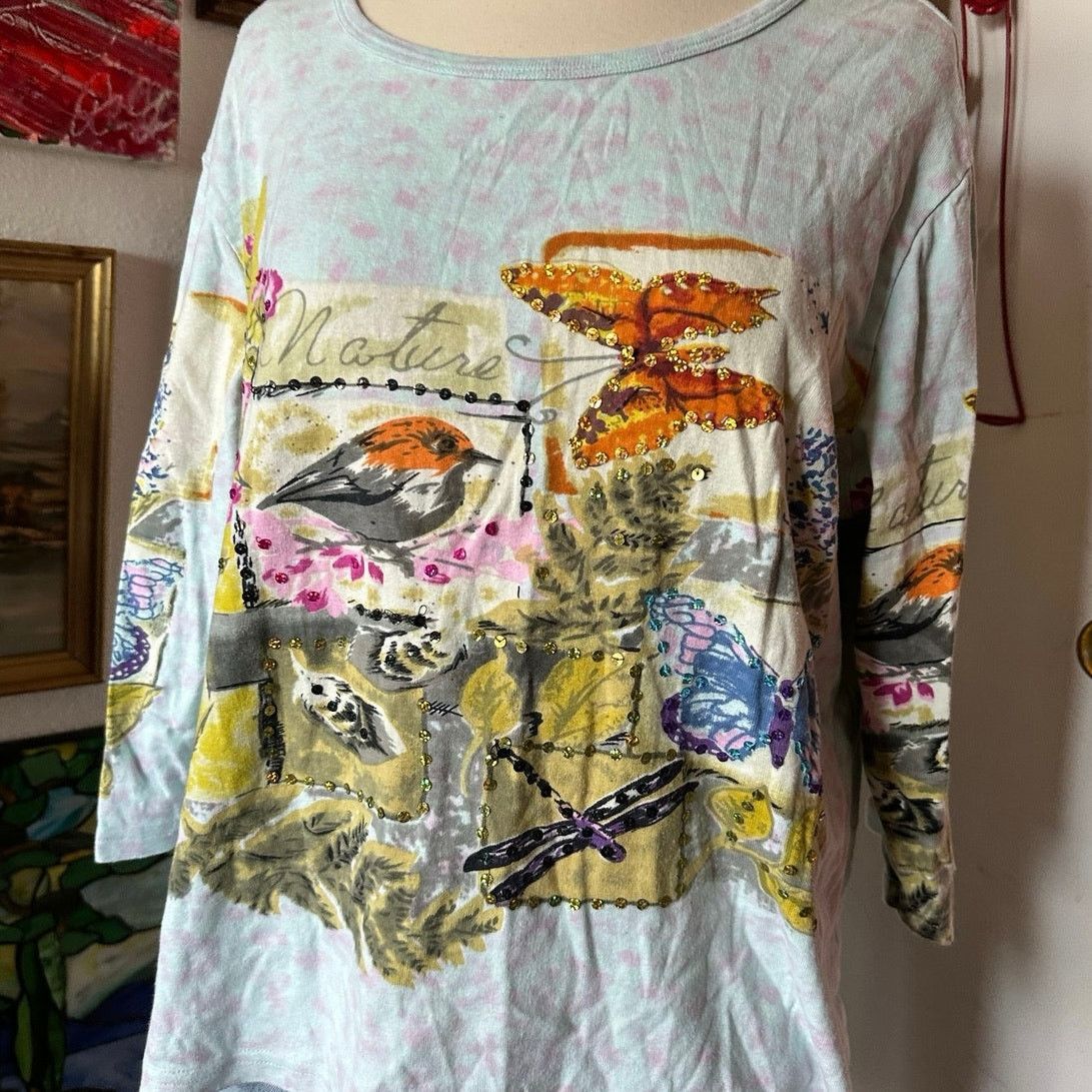Other take two blue floral bird graphic long sleeve shirt Size L / US 10 / IT 46 - 2 Thumbnail