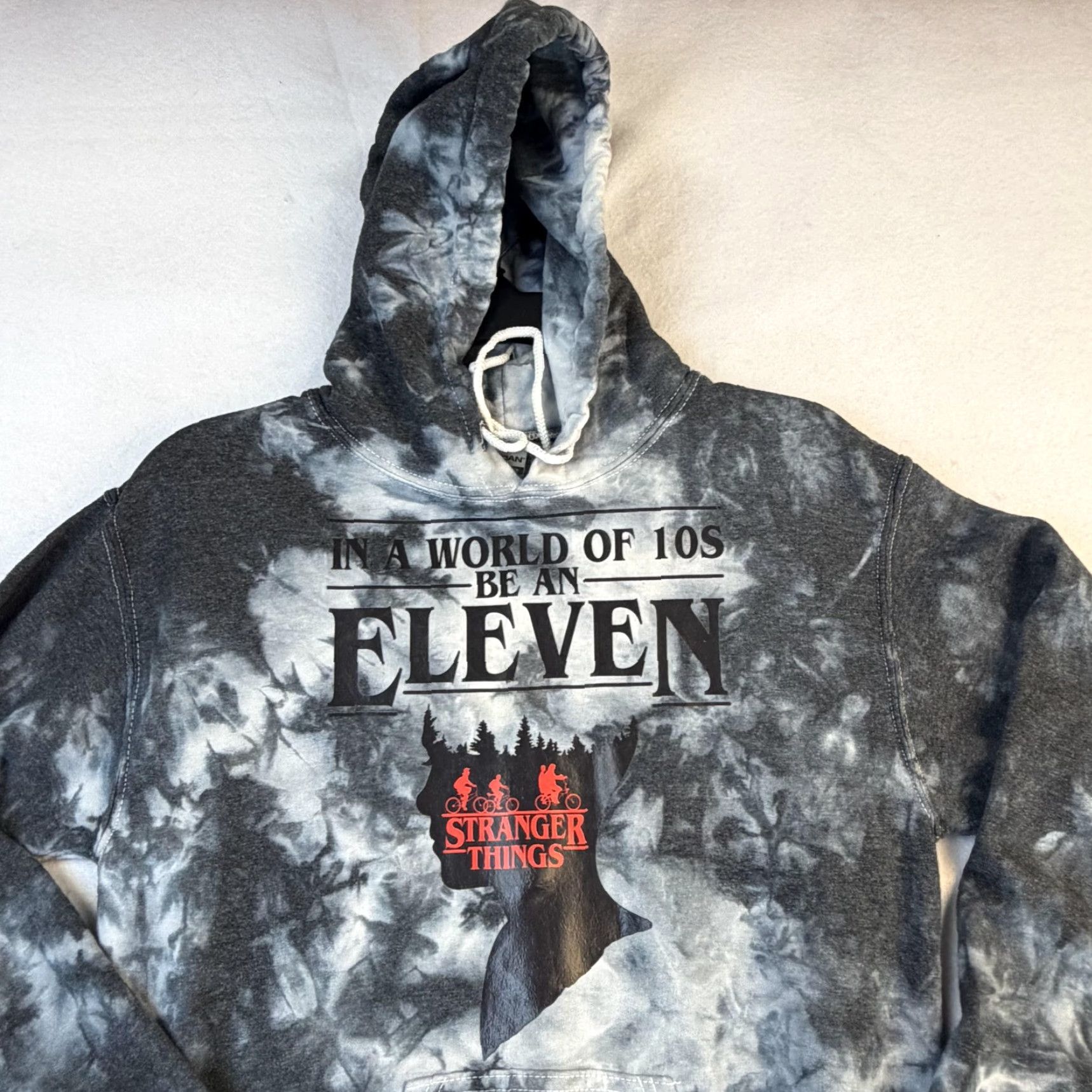 Gildan Stranger Things Hoodie Mens Small Black Gray Tie Dye Eleven Graphic Sweatshirt Size US S / EU 44-46 / 1 - 3 Thumbnail