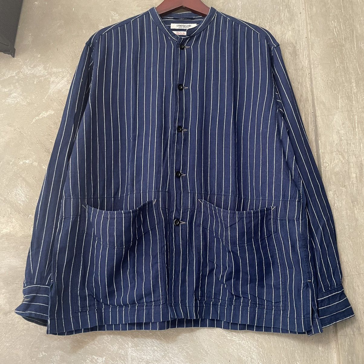 Designer × Japanese Brand × OMNIGOD Work Overshirt Wabash Omnigod Band Collar Striped Indigo Size US L / EU 52-54 / 3 - 7 Thumbnail
