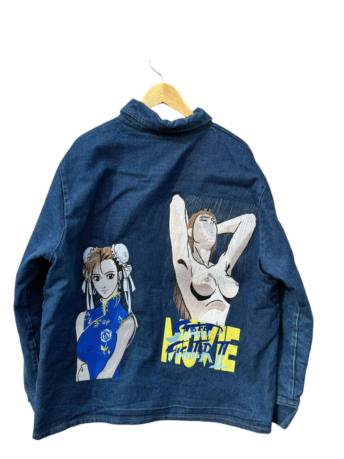 image of Chun Li Denim Vintage Coat Street Fighter 2 Anime Dbz in Blue, Men's (Size XL)