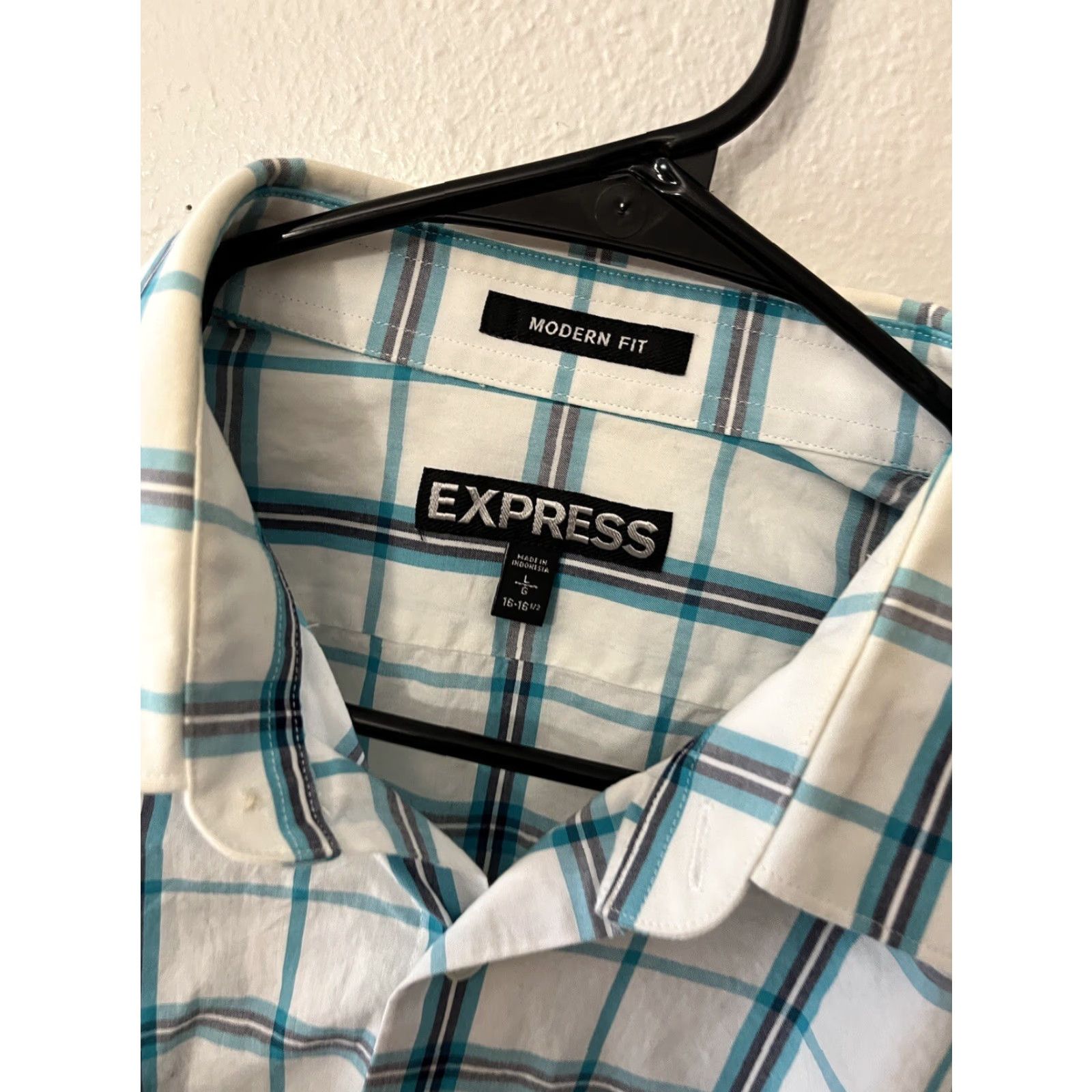 Express Express Button-Front Shirt Mens Large Modern Fit White Blue Plaid Check Shirt Size US L / EU 52-54 / 3 - 3 Thumbnail
