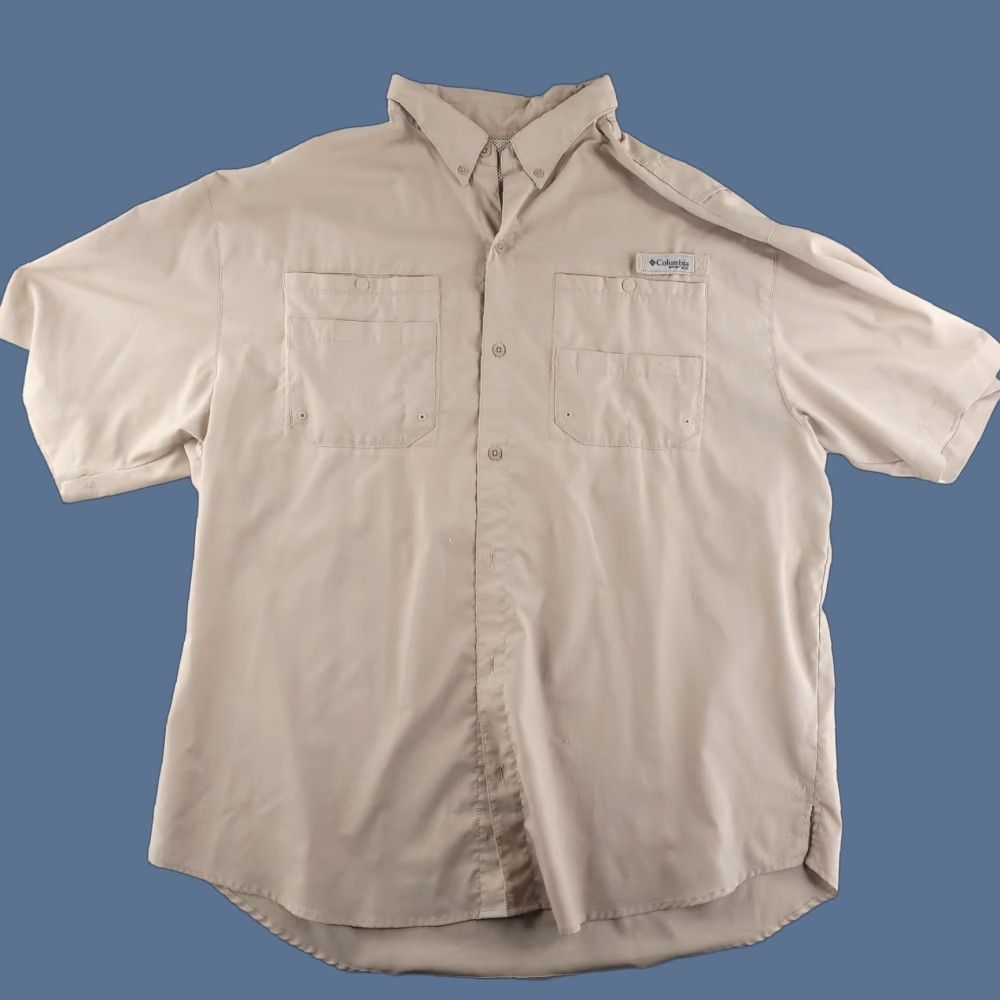 Vintage Columbia Shirt Mens 2XL PFG Tan Short Sleeve Button-Up Folded Collar Fishing Vented Caped Size US XXL / EU 58 / 5 - 1 Thumbnail