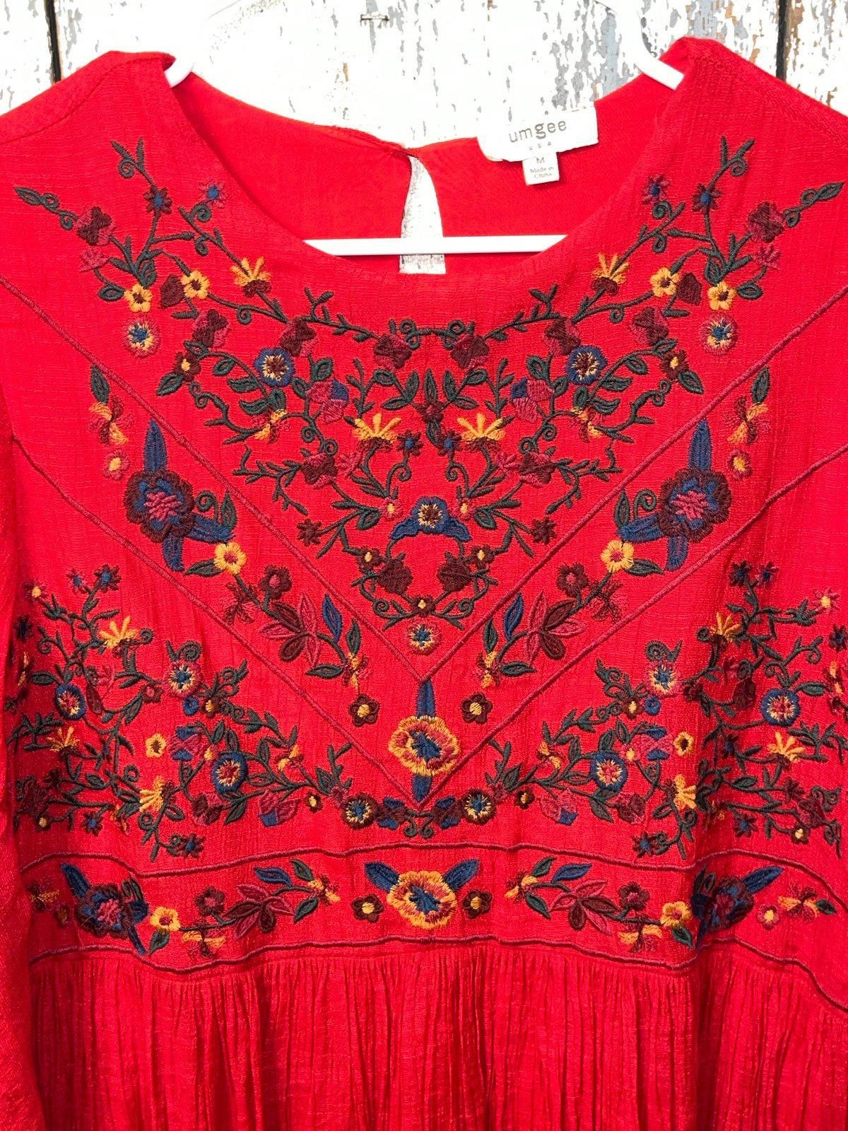 Designer Umgee Red embroidered dress, size Medium, above knee Size M / US 6-8 / IT 42-44 - 3 Thumbnail