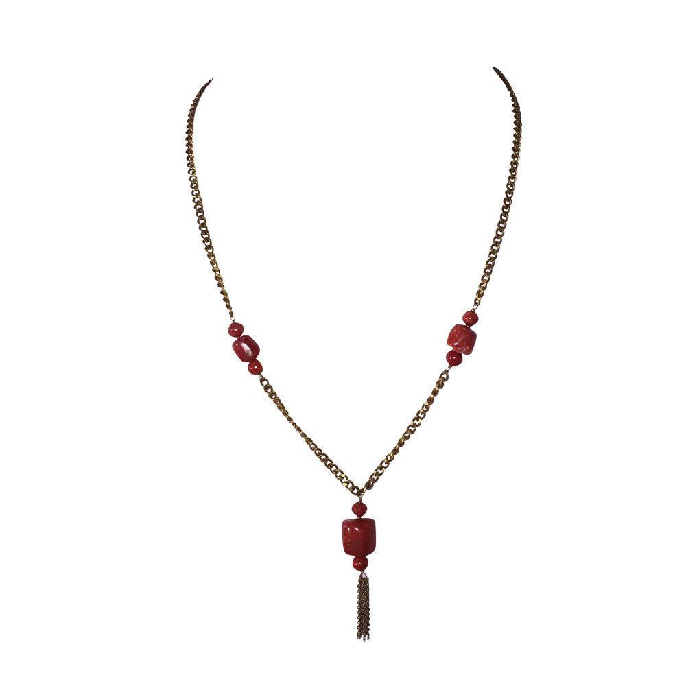 Designer Red Coral Nugget Bead 18 kt Gold Filled Tassel Necklace Size ONE SIZE - 2 Thumbnail