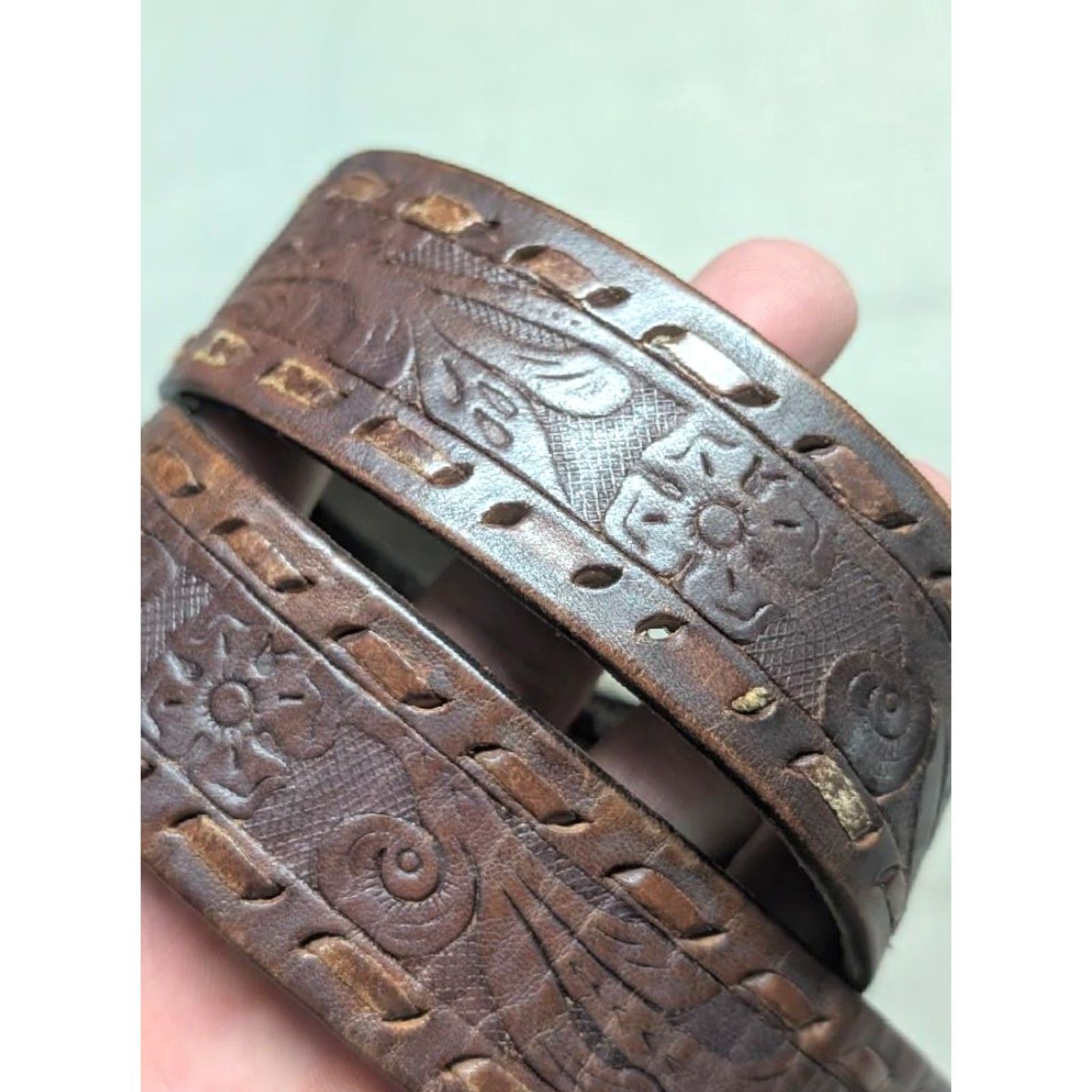 Vintage VINTAGE handcrafted western belt CF floral scroll cowhide leather 34 brown AE custom laced belt Mens Adults 34 brown vintage western belt Size 34 - 6 Thumbnail