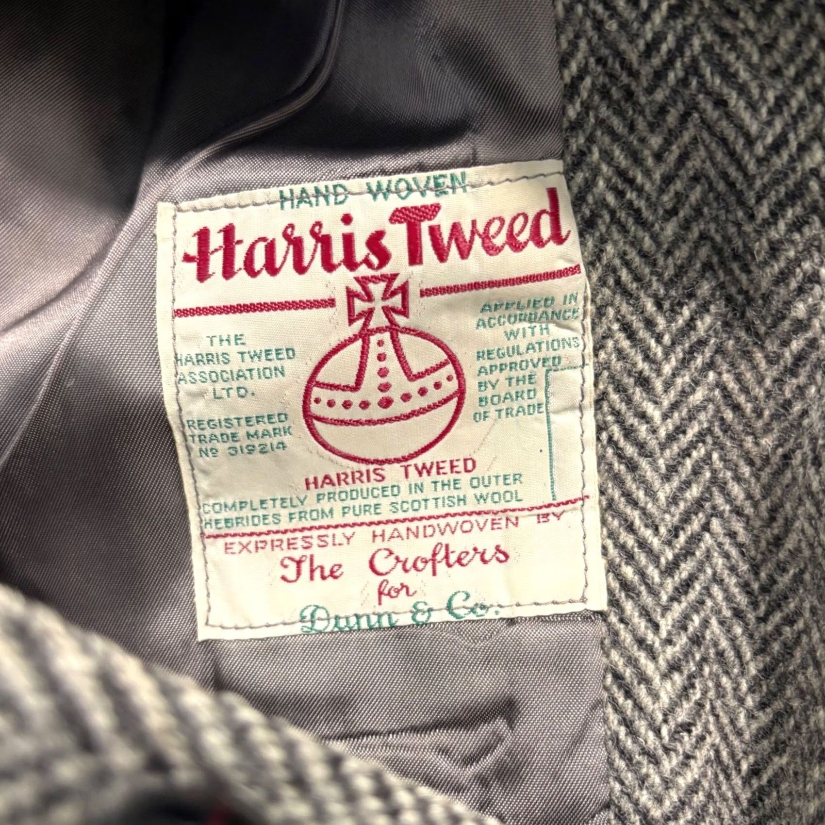 CO VINTAGE Dunn & Co Harris Tweed Blazer Grey Herringbone Wool Sport Coat Jacket 44R Mens Size 44R - 3 Thumbnail