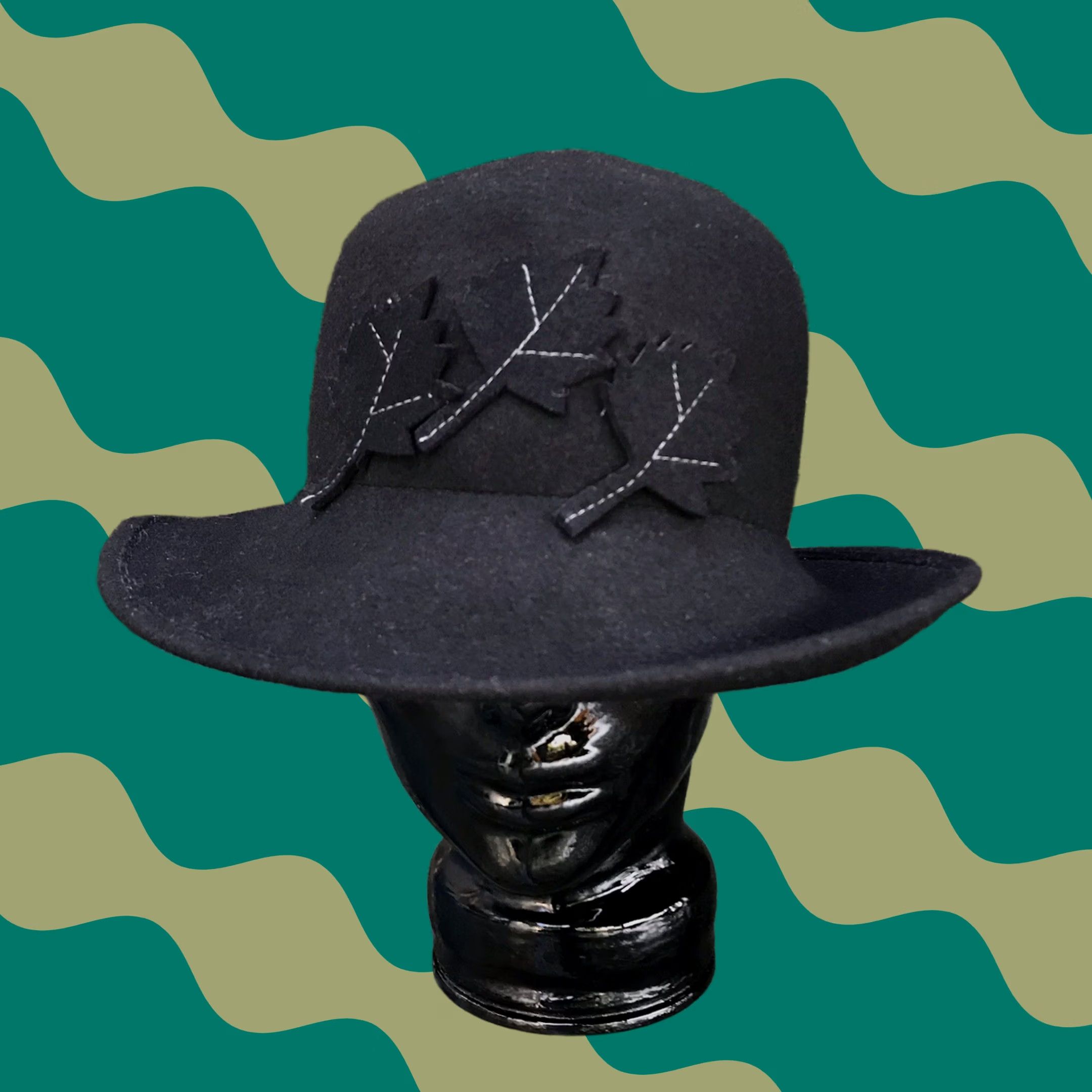 FELT VTG Wool Felt Wide Brim Fedora Hat Black OS Crushable 3 Leaf Accent Cloche 80s 90s Vintage Womens Size ONE SIZE - 1 Thumbnail