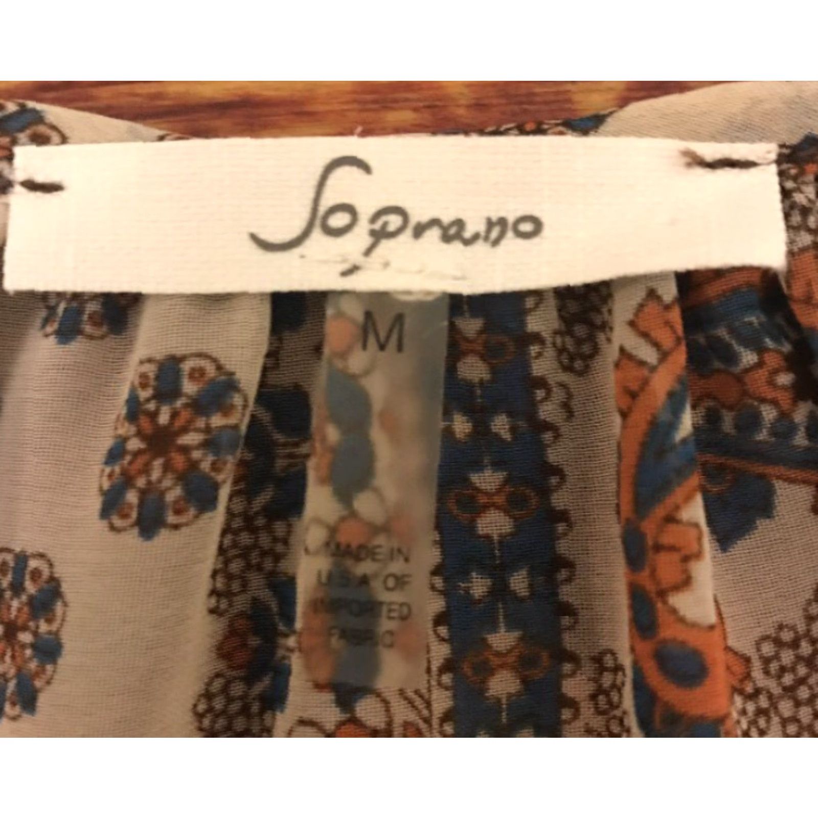 Vintage Soprano Blouse Boho Paisley Short Sleeve Open Shoulder M Soprano Womens Boho Blouse Tan Blue Orange Brown 100% Polyester Size M / US 6-8 / IT 42-44 - 8 Thumbnail