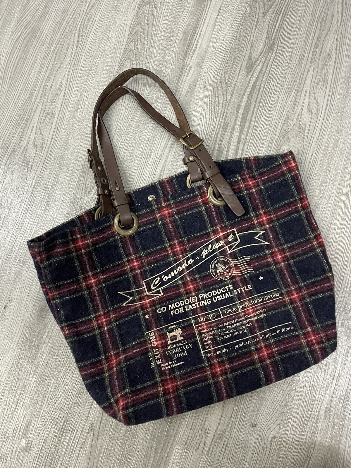 Japanese Brand × Vintage C’omodo +plus t japan wool plaid leather handle strap tote Size ONE SIZE - 5 Thumbnail
