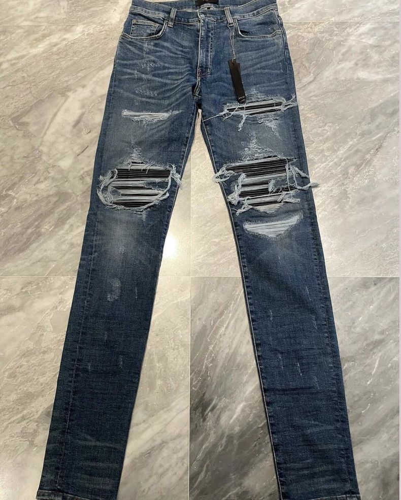 Amiri Amiri blue spliced leather denim pants Size US 31 - 1 Thumbnail