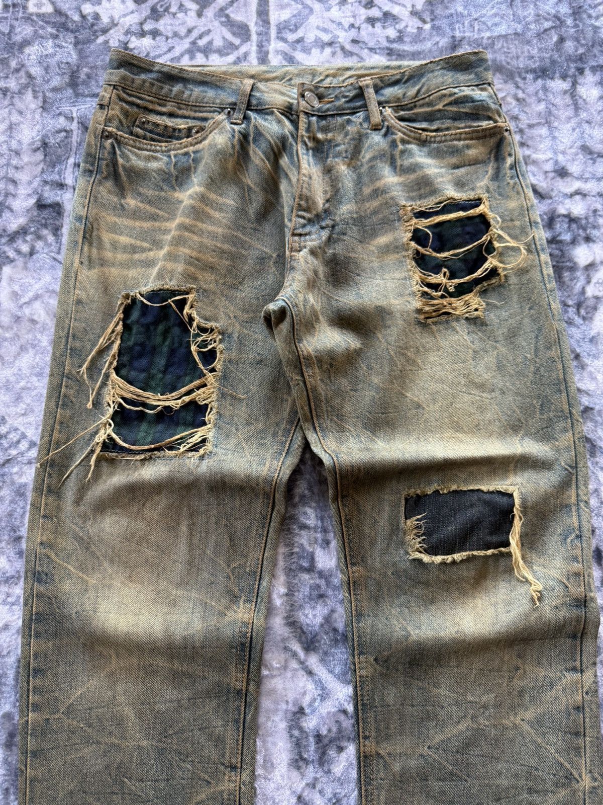 Le Grande Bleu (L.G.B.) 2000s Distressed Mud Wash Check plaid Patched Japanase Jeans Size US 29 - 4 Thumbnail