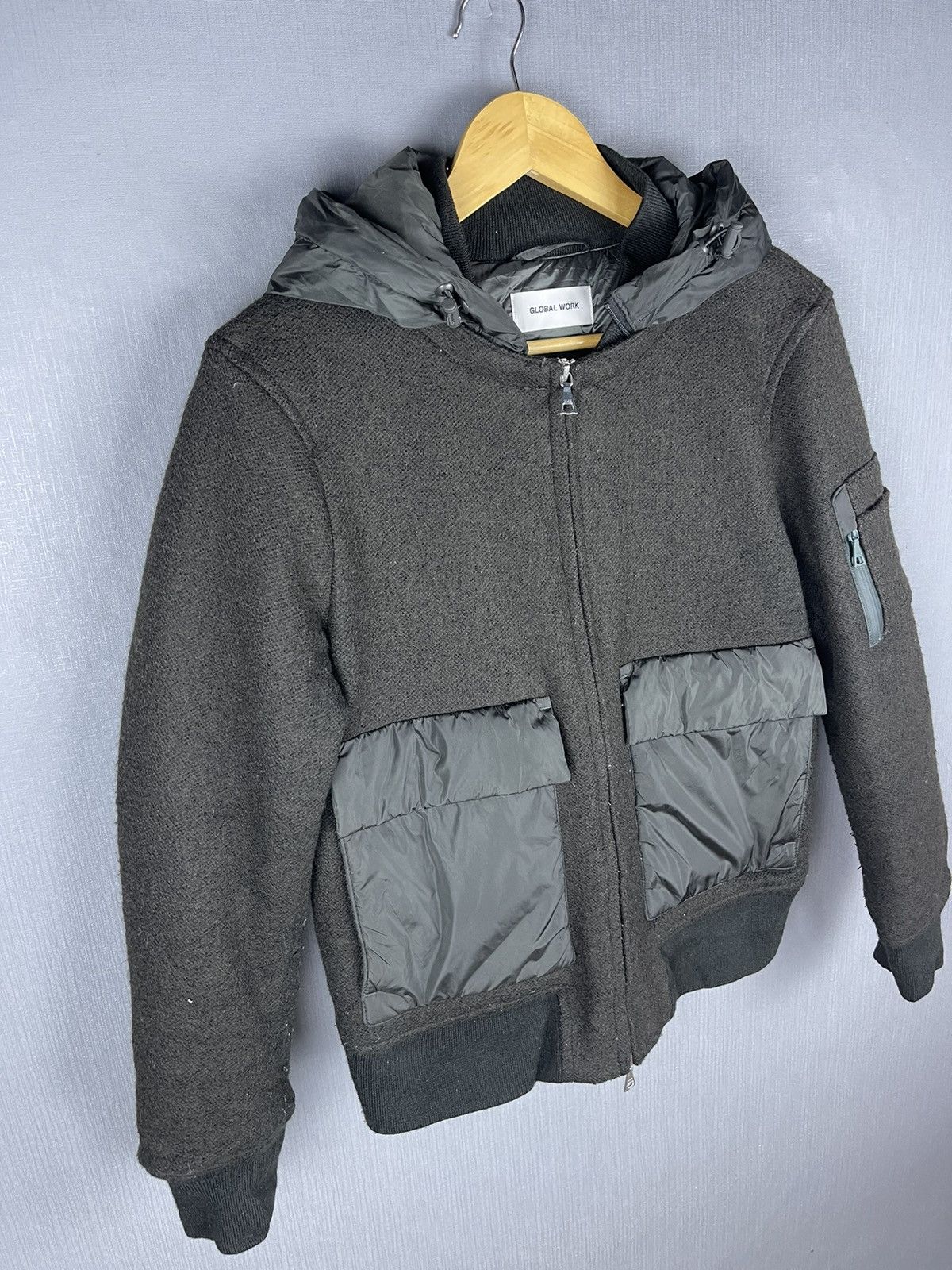 Global Work × Vintage Vintage Global Work Bomber Hoodie Wool Jacket Size US M / EU 48-50 / 2 - 4 Thumbnail