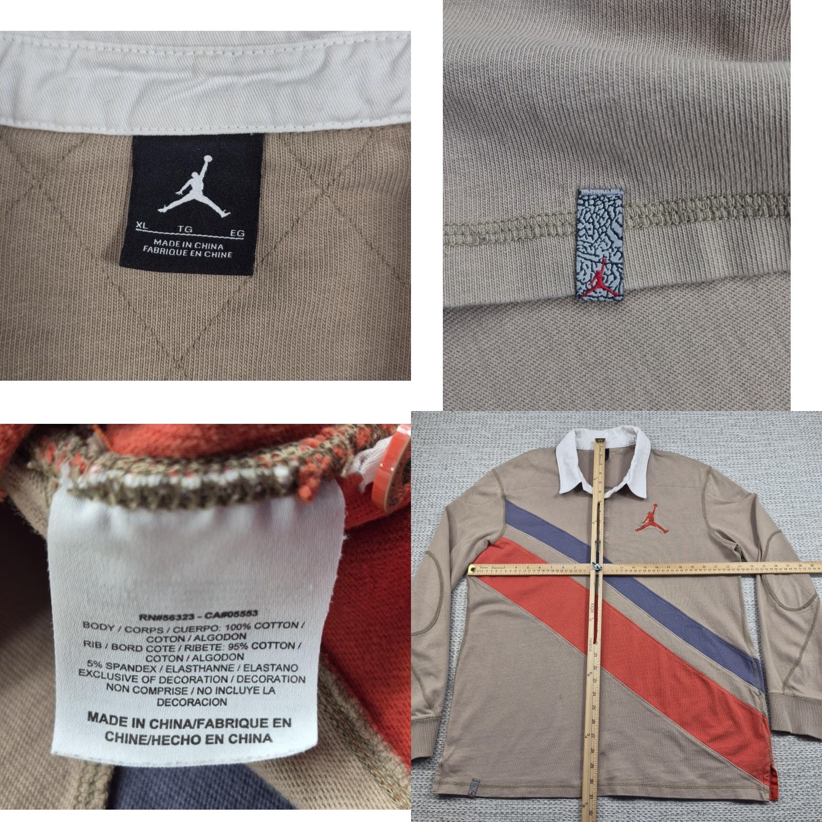 Jordan Brand Jordan Rugby Polo Shirt Mens XL Tan Long Sleeve Diagonal Stripe Jumpman Top Size US XL / EU 56 / 4 - 8 Thumbnail