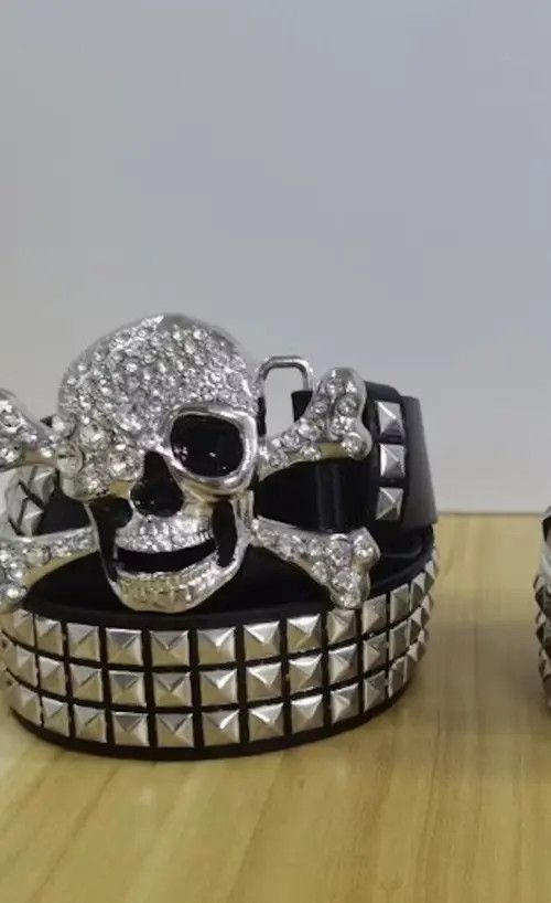 Leather Skull Rhinestone Pu Leather Belt Size ONE SIZE - 3 Thumbnail