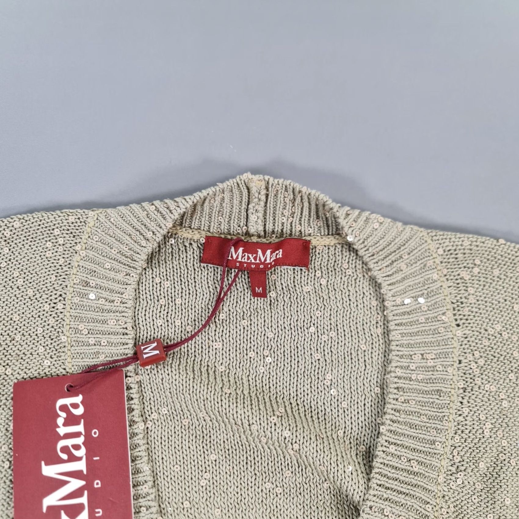 Vintage Weekend Max Mara Cardigan Womens Cropped Sequin Bolero Beige Medium V-Neck Short Sleeve Knit Jumper Size M / US 6-8 / IT 42-44 - 2 Thumbnail