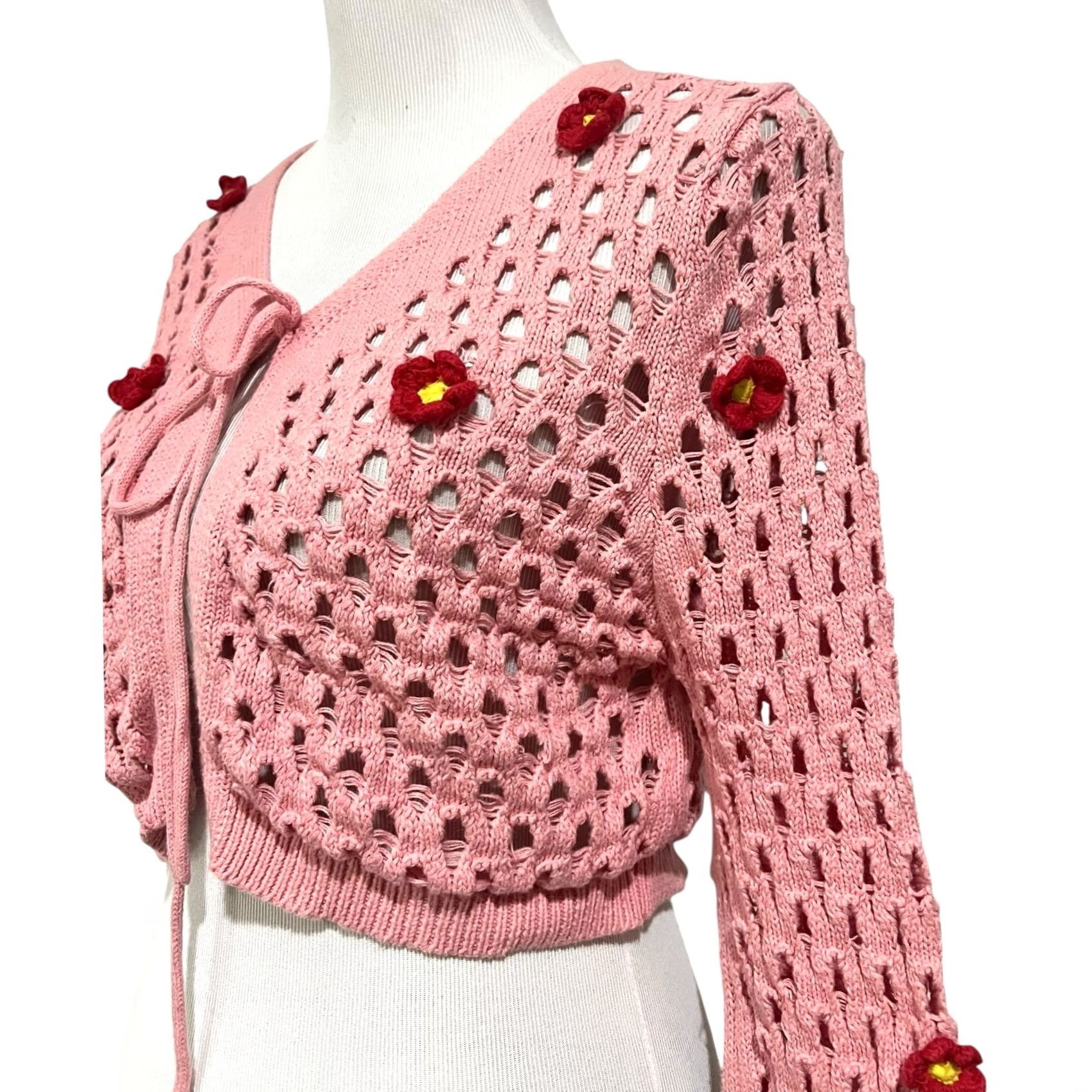 Changes VINTAGE Love Change Italy Shrug Crochet Sweater XL Tie Front Pink 3D Dimensional Flowers Size XL / US 12-14 / IT 48-50 - 3 Thumbnail