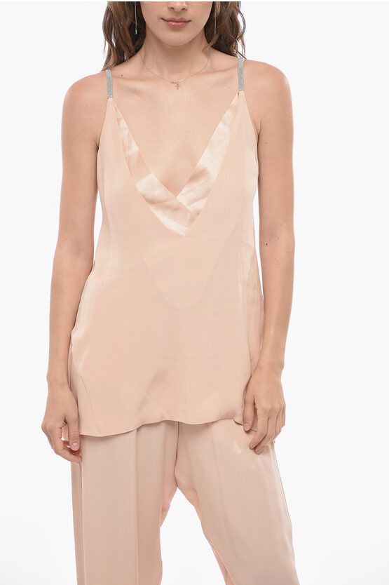 image of Fabiana Filippi Silk Blend Chiffon Top With Jeweled Straps in Pink, Women's (Size Small)