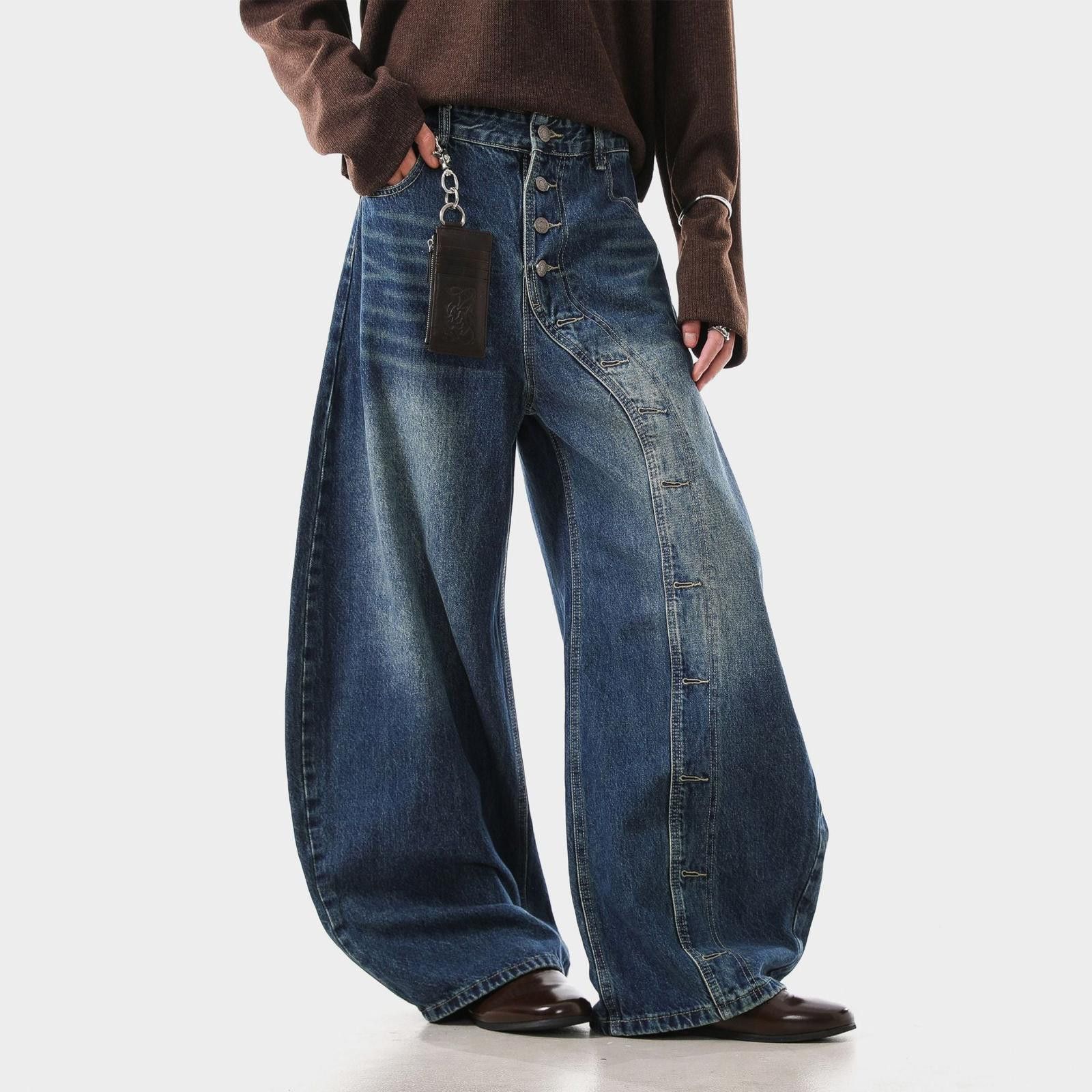 Blue Wide Leg Denim Jeans, Baggy Button Fly Jeans
