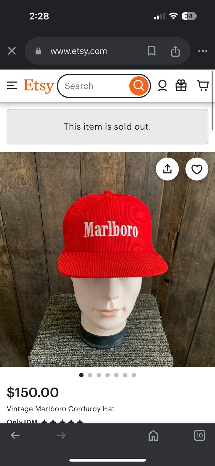 Camel Vintage 1990s Marlboro Red/White Corduroy Snap Back Hat Size ONE SIZE - 8 Thumbnail
