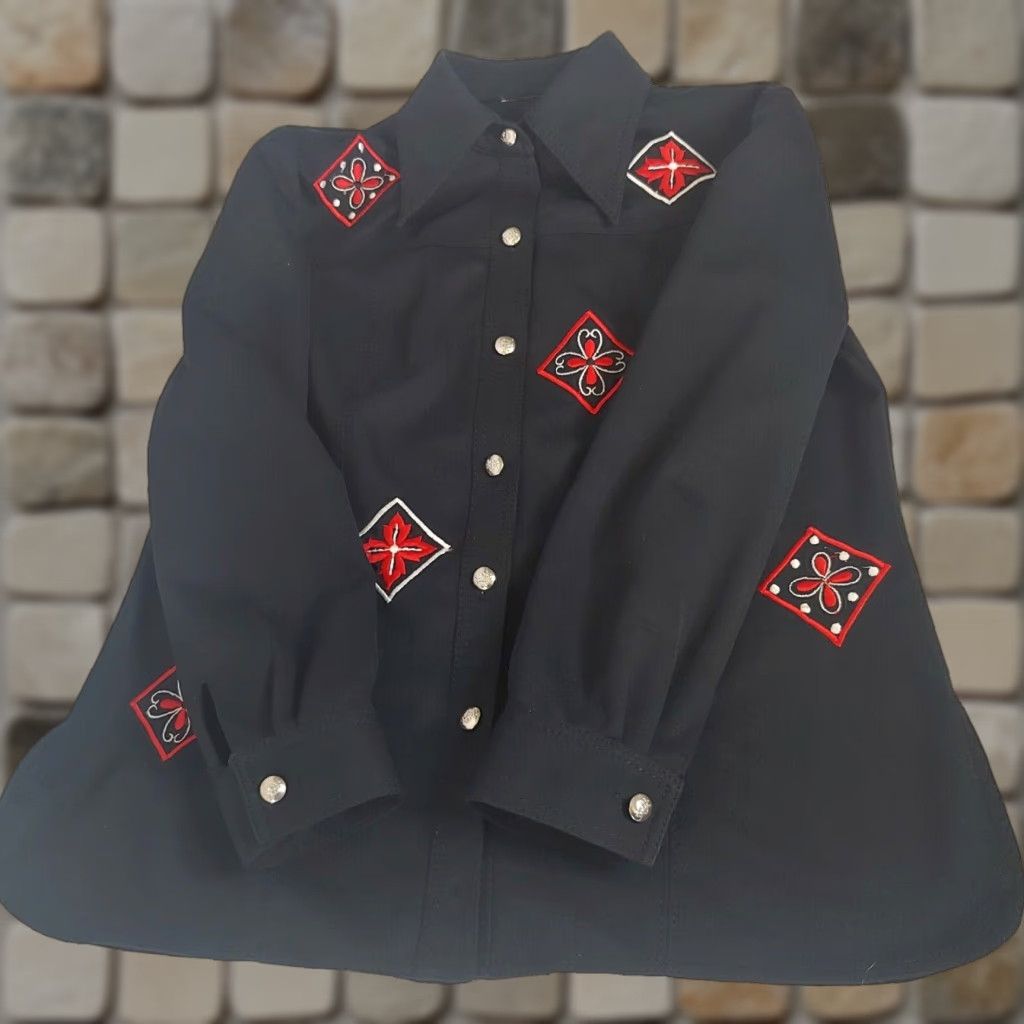 Etro VINTAGE Western Shirt Womens Large Embroidered Black Red Polyester Stretch Long Sleeve Contour Buttons Classic Western Theme Mens? Size L / US 10 / IT 46 - 1 Thumbnail